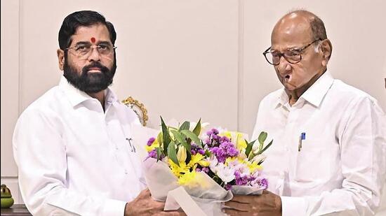 **EDS: IMAGE VIA @mieknathshinde** Mumbai: Maharashtra Chief Minister Eknath Shinde and NCP (Sharad) Chief Sharad Pawar during a meeting, in Mumbai, Saturday, Aug. 3, 2024. (PTI Photo) (PTI08_03_2024_000267B) (PTI)