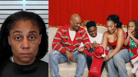 Alicia Brown's mugshot (L) and Big Tigger and Alicia Brown with their children. (Hart County Sheriff's Office and Big Tigger on Instagram)