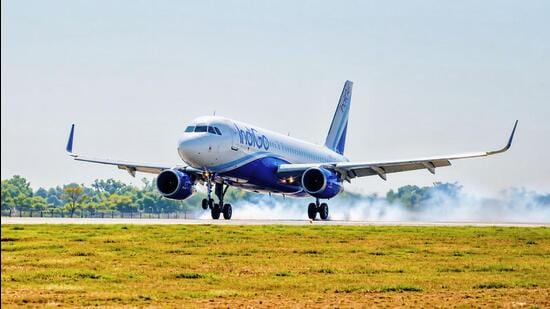 An IndiGo flight lands at the Noida International Airport in Jewar. (HT Photo)