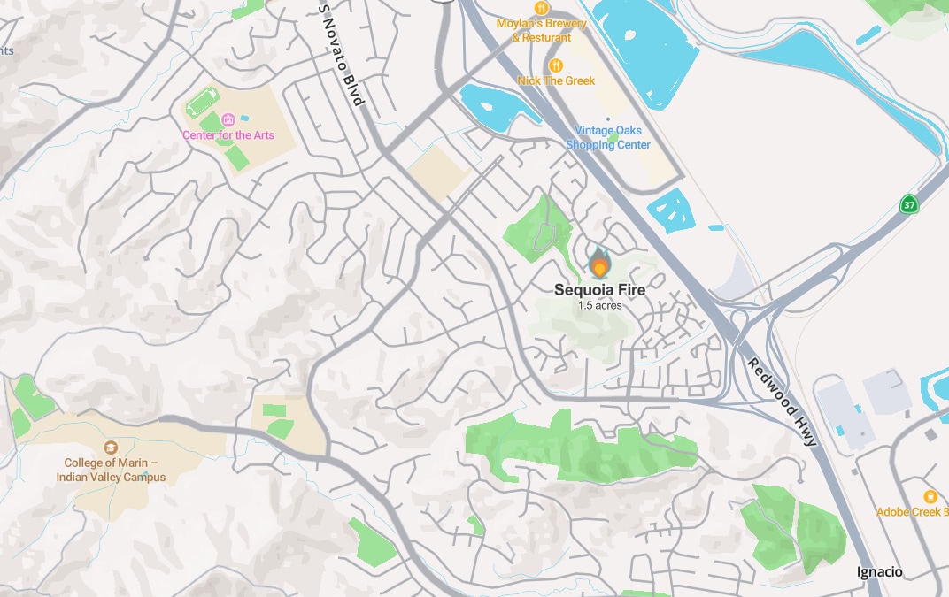 Map of the fire in Novato. (Mapbox via WatchDuty)