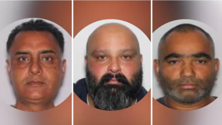 From left: Ravinder Singh Dhanda, Gurtej Singh Smagh and Jaskarn Baghri, indicted by the US for smuggling large quantities of cocaine and methamphetamine. (X/@itssamonline)