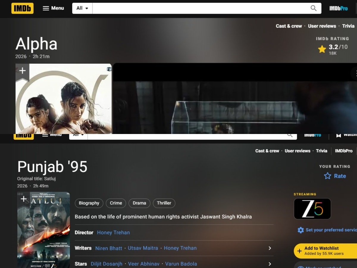 Films such as Alpha still have their IMDb rating intact, while Satluj's rating is no longer visible.