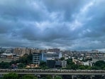 Gram it: A dramatic view of the clouds looming over Delhi's skyline after a downpour rain at MG Road, Gurugram, on Thursday. The India Meteorological Department (IMD) has issued a forecast of light to moderate rainfall and thunderstorm for today.