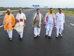  Union Road Transport and Highways Minister Nitin Gadkari, with Lok Sabha Speaker Om Birla and Rajasthan Chief Minister Bhajanlal Sharma, inspect the Delhi–Mumbai Expressway at Labana, in Bundi on Wednesday. 