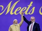 Australian Prime Minister Anthony Albanese and Indian Prime Minister Narendra Modi attend the Melbourne Meets Modi community event at Marvel Stadium in Melbourne, Australia, July 9,