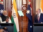 Australian Prime Minister Anthony Albanese with Indian Prime Minister Narendra Modi during a press conference at Government House Victoria in Melbourne 