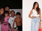 Antonella Rocuzzo, Lionel Messi and their three sons (L) and Antonella Rocuzzo.