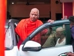 Govind Dev Giri, treasurer of the Shri Ram Janmabhoomi Teerth Kshetra Trust, leaves for the Ram Temple from Vaidehi Bhavan, in Ayodhya on Wednesday. (ANI VIDEO GRAB)