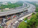 A drone visual of the vehicles moving slowly amid a traffic jam on the Delhi-Gurugram Expressway, in Gurugram on Wednesday. 