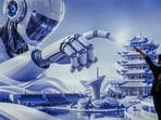 A visitor in front of a billboard showing a humanoid robot at an exposition in Beijing.