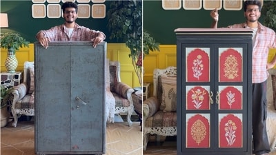 Abhinav transformed a 40-year-old metal almirah through priming, creative molding, and painting. (Instagram/@ _createyourtaste_) Abhinav transformed a 40-year-old metal almirah through priming, creative molding, and painting. (Instagram/@ _createyourtaste_)