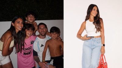 Antonella Rocuzzo, Lionel Messi and their three sons (L) and Antonella Rocuzzo. (Antonella Rocuzzo on Instagram) Antonella Rocuzzo, Lionel Messi and their three sons (L) and Antonella Rocuzzo. (Antonella Rocuzzo on Instagram)