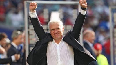 France's head coach Didier Deschamps celebrates after winning the 2026 World Cup quarterfinal against Morocco. (AFP)