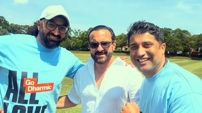 Saif Ali Khan joins Usman Afzaal and Monty Panesar for a charity cricket match in England. Saif Ali Khan joins Usman Afzaal and Monty Panesar for a charity cricket match in England.