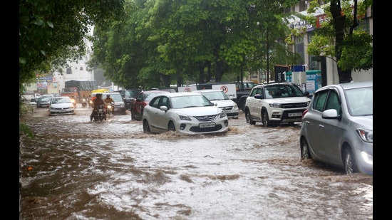 A waterlogged road in Sector 70, Mohali, on Thursday. (Ravi Kumar/HT)