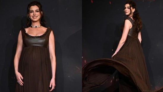 Anne Hathaway glows in a custom Louis Vuitton gown (Credits: AFP)
