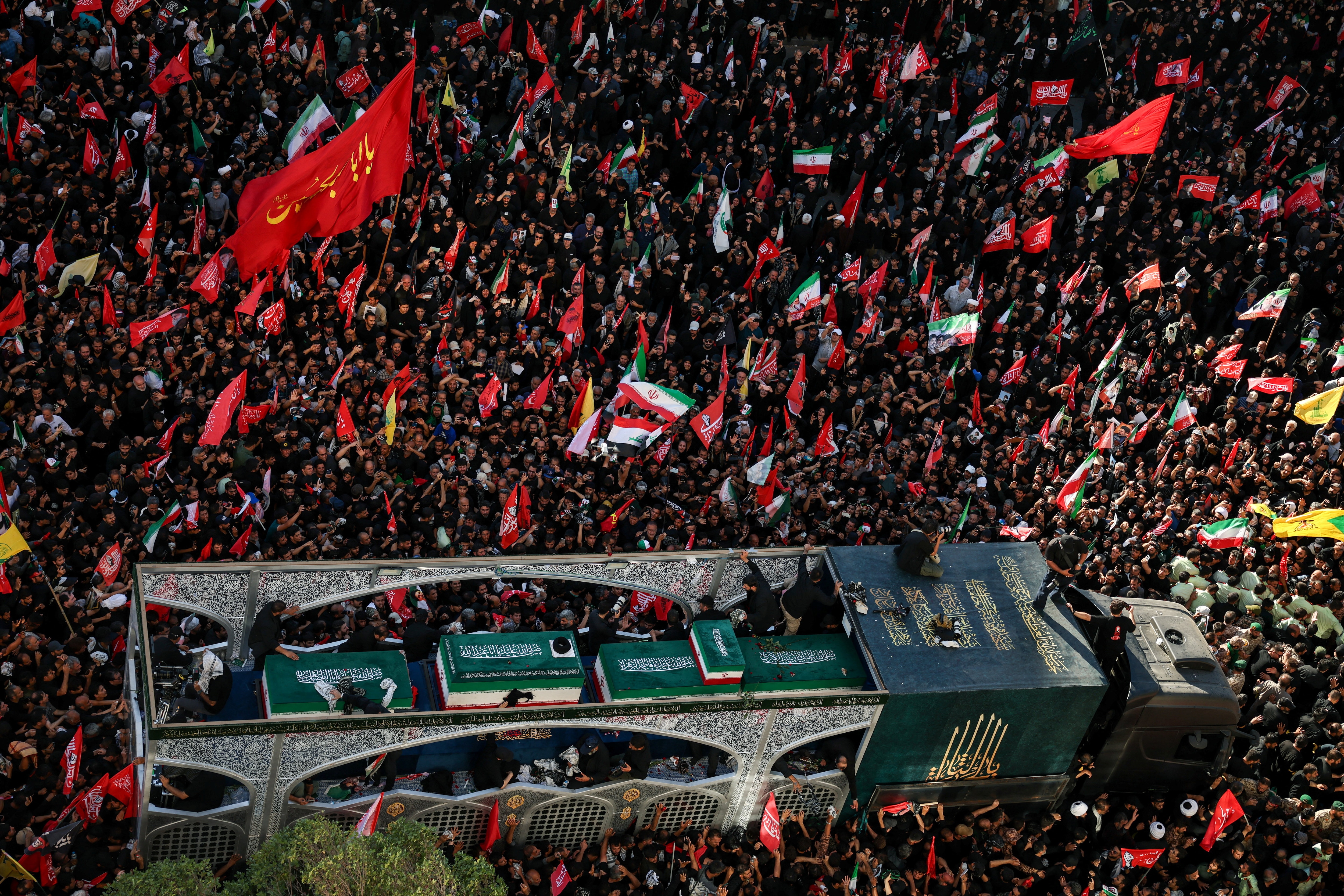 Vehicle transports the coffin of Iran's late Supreme Leader Ayatollah Ali Khamenei, who was killed on February 28 in Israeli and U.S. airstrikes, and coffins of his family members, on the day of his burial, in a culmination of a mass funeral, in Mashhad, Iran. (REUTERS)