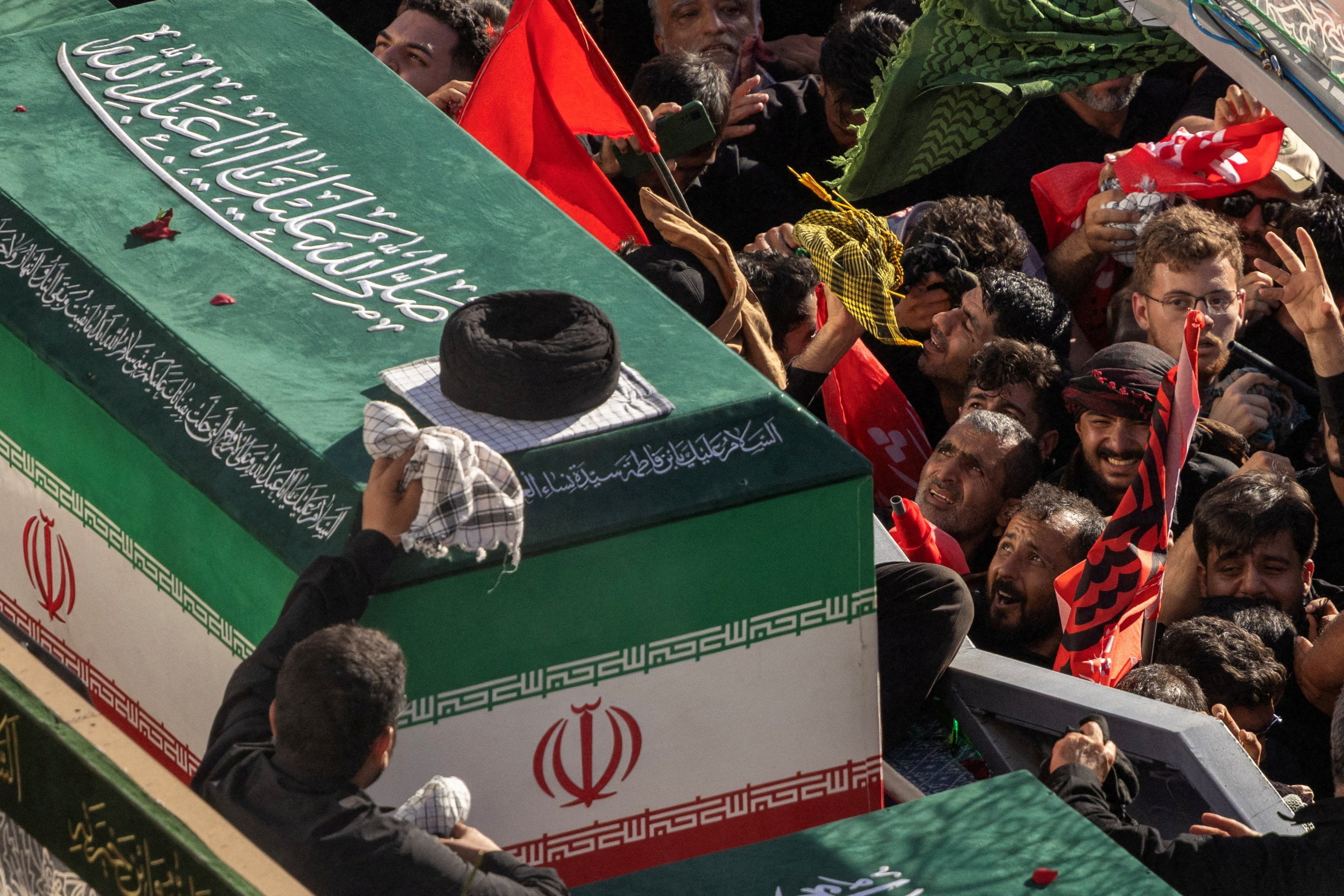 Mourners react next to the coffin of Iran's late Supreme Leader Ayatollah Ali Khamenei, who was killed on February 28 in Israeli and U.S. airstrikes, and coffins of his family members, on the day of his burial, in a culmination of a mass funeral, in Mashhad, Iran, July 9, 2026. (REUTERS)