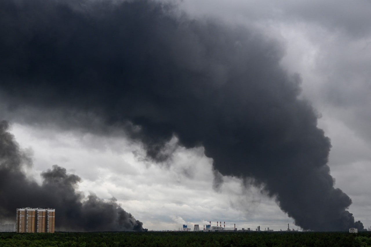 Smoke rising from a Moscow oil refinery after a drone strike in June. Smoke rising from a Moscow oil refinery after a drone strike in June.