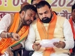 Bihar Chief Minister Samrat Choudhary with  Abhishek Kumar Sinha during the 'Ashirvad Sabha' held after filing his nomination papers, in Patna on Thursday.