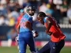 England's Jofra Archer kicks the ball onto the stumps to run out India's Axar Patel at Bristol, Britain (Reuters)