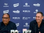 File image of BCCI secretary Devajit Saikia (L) and chairman of the BCCI selection committee Ajit Agarkar smile during a press conference in Mumbai on June 6, 2026. (AFP) File image of BCCI secretary Devajit Saikia (L) and chairman of the BCCI selection committee Ajit Agarkar smile during a press conference in Mumbai on June 6, 2026. (AFP)