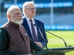 Prime Minister Narendra Modi, left, and Australian Prime Minister Anthony Albanese hold a press conference on the field at the Melbourne Cricket Ground, in Melbourne, Australia. 
