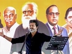 Tamil Nadu Chief Minister Vijay speaks during the People�s Meeting Program as part of his first official visit to Karur after he took up the reins as Chief Minister, in Karur.