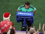Referee Ilgiz Tantashev refers to VAR before awarding a penalty to France.