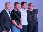Tom Holland, Christopher Nolan, Matt Damon and Dame Emma Thomas at The Odyssey premiere in Mumbai.
