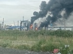 A fire at an oil refinery in Omsk, Russia, on Monday, following Ukraine's drone strikes.