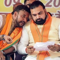 Bihar Chief Minister Samrat Choudhary with  Abhishek Kumar Sinha during the 'Ashirvad Sabha' held after filing his nomination papers, in Patna on Thursday.