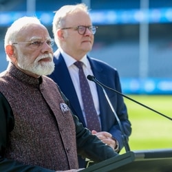 Prime Minister Narendra Modi, left, and Australian Prime Minister Anthony Albanese hold a press conference on the field at the Melbourne Cricket Ground, in Melbourne, Australia. 