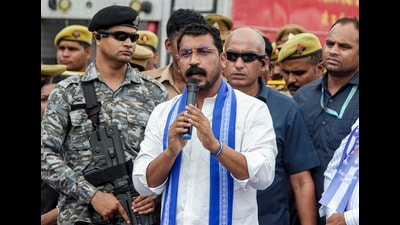 Azad Samaj Party supremo and MP Chandrashekhar Azad Ravan addresses a gathering during his meeting with the family of the victim (PTI)