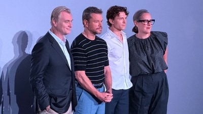 Tom Holland, Christopher Nolan, Matt Damon and Dame Emma Thomas at The Odyssey premiere in Mumbai. Tom Holland, Christopher Nolan, Matt Damon and Dame Emma Thomas at The Odyssey premiere in Mumbai.