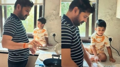 Revanth Reddy shares a sweet moment with his grandson in the kitchen. (X/@revanth_anumula) Revanth Reddy shares a sweet moment with his grandson in the kitchen. (X/@revanth_anumula)