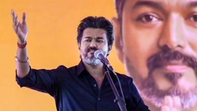 Tamil Nadu Chief Minister and TVK chief Vijay speaks during a public meeting as part of his first official visit to Karur after he took up the reins as Chief Minister at the Atlas Art Gallery, in Karur, Tamil Nadu. (Handout via PTI Photo)(PTI07_10_2026_000277B) (Handout)