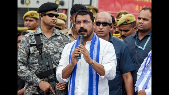 Azad Samaj Party supremo and MP Chandrashekhar Azad Ravan addresses a gathering during his meeting with the family of the victim (PTI)