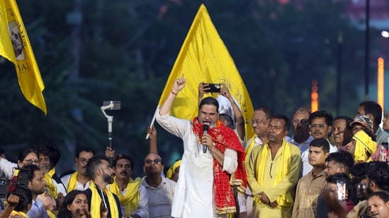 Jan Suraaj Party founder Prashant Kishor addressing a public meeting as part of a voter outreach campaign, in Patna. (PTI)