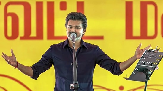 Tamil Nadu Chief Minister Vijay during the People�s Meeting Program as part of his first official visit to Karur after he took up the reins as Chief Minister, in Karur, Tamil Nadu. (PTI)