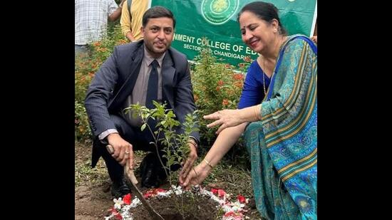 The Parijat Eco Club of Government College of Education, Sector 20-D, planted 75 saplings on the occasion of van mahotsav. (HT Photo)