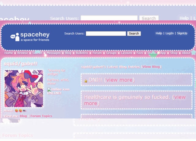 SpaceHey simulates the mood of being 15 again and endlessly customising your MySpace profile. (SPACEHEY) SpaceHey simulates the mood of being 15 again and endlessly customising your MySpace profile. (SPACEHEY)