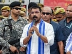 Azad Samaj Party supremo and MP Chandrashekhar Azad Ravan addresses a gathering during his meeting with the family of the victim (PTI)