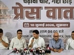 Congress MP from Rohtak Deepender Hooda, UPCC chief Ajay Rai and others during the press conference. (Sourced)