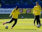 South Africa's midfielder #23 Jayden Adams kicks the ball during a training session at Carson Sports Park, Carson, south of Los Angeles on June 27, 2026.