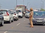 Heavy traffic jam was reported at southern bypass after two trucks collided head on, Ludhiana on Friday. (HT PHOTO)