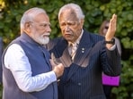 India's Prime Minister Narendra Modi, left, listens as a Māori elder explains the ceremonial welcome at Government House in Auckland, New Zealand, Saturday, July 11, 2026.