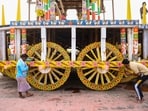 Artisans paint a chariot as preparations are underway ahead of the annual Jagannath Rath Yatra, in Puri, Odisha. Artisans paint a chariot as preparations are underway ahead of the annual Jagannath Rath Yatra, in Puri, Odisha.