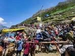 Pilgrims move towards Amarnath cave shrine during the ongoing annual Amarnath Yatra 2026, in Baltal on Friday. (PTI)