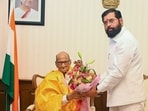 Maharashtra deputy chief minister Eknath Shinde meets Sharad Pawar, at the legislature, in Mumbai.
